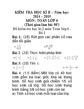 Bộ đề kiểm tra học kỳ II môn Toán Lớp 6 - Năm học 2014-2015